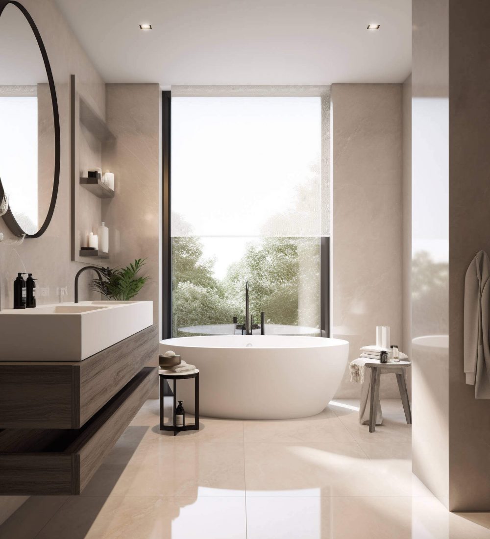 Modernes, helles Badezimmer mit freistehender Badewanne